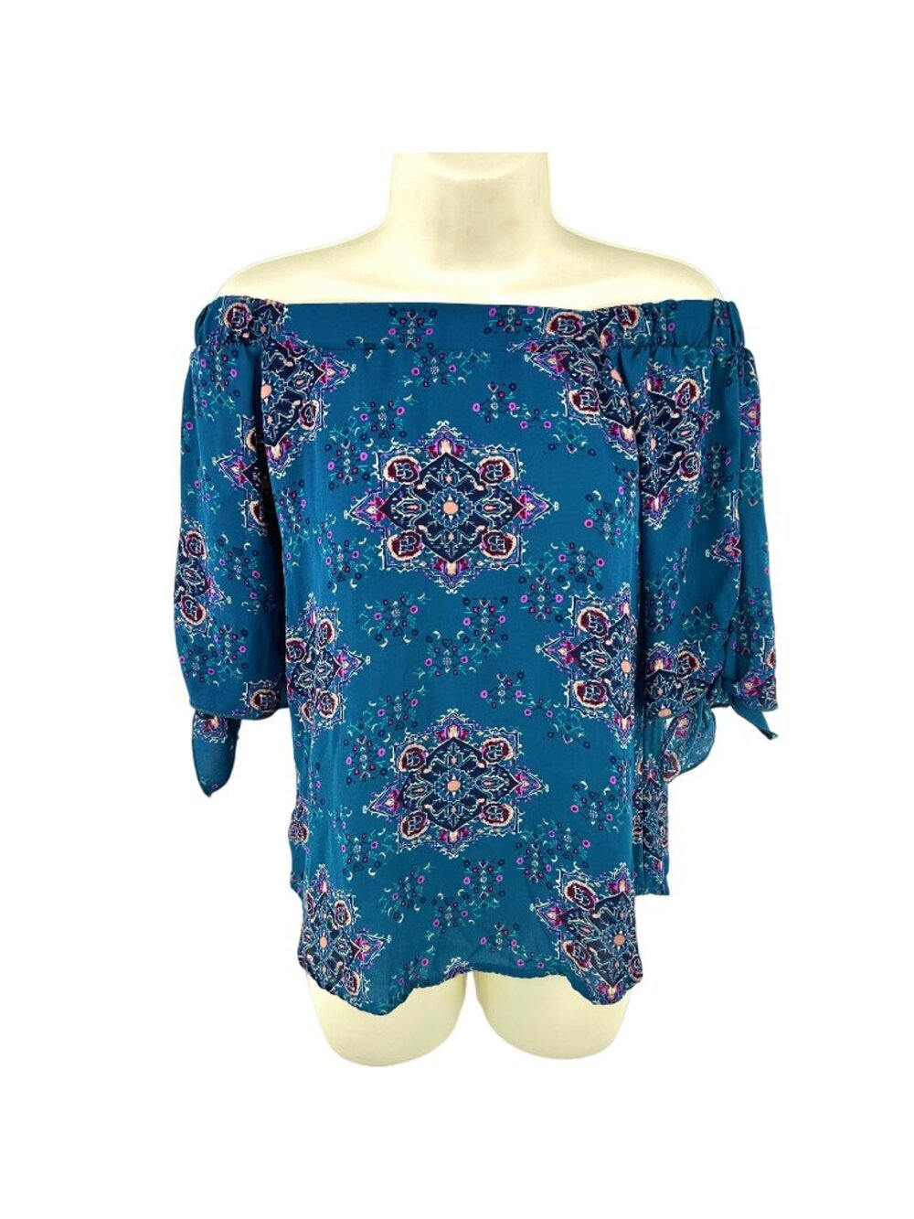 GORGEOUS RENEE C TEAL BLUE OFF SHOULDER BOHO PRINT TOP - XS - USA MADE!